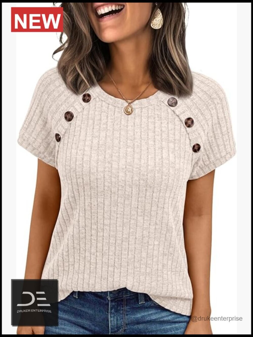 Soft Ribbed Knit Blouse with Decorative Buttons Short Sleeve Tunic Top